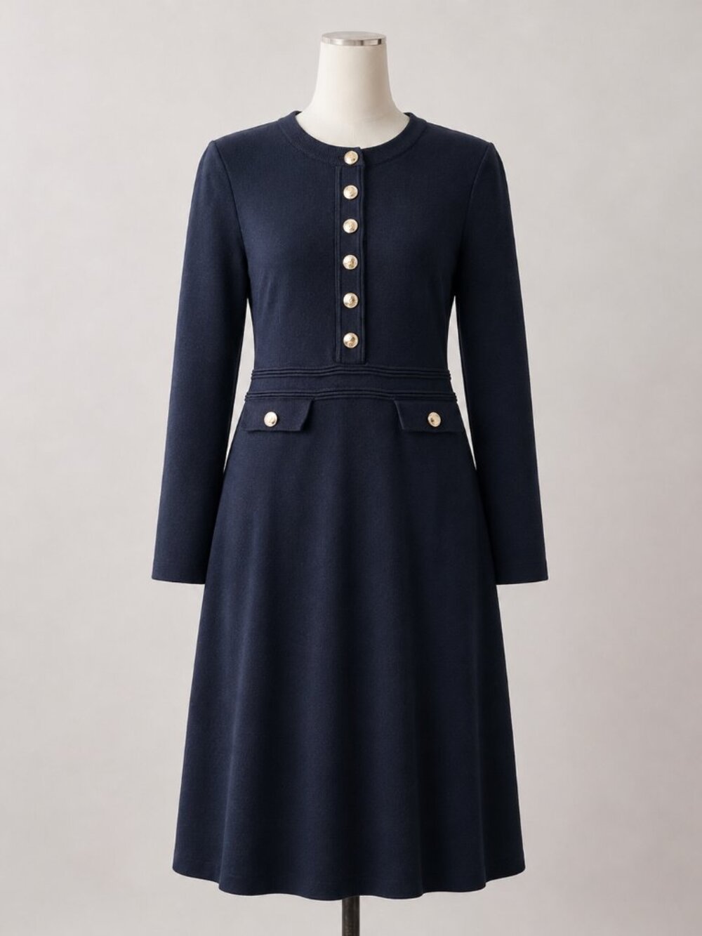 Merokeety Dress Size Small Navy Long-Sleeve Knit Dress with Gold